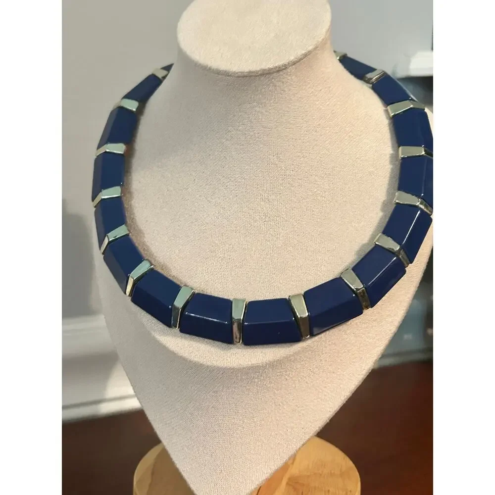 Vintage Cobalt Blue Lucite Panel Collar Necklace Gold Tone Mid Century Retro
